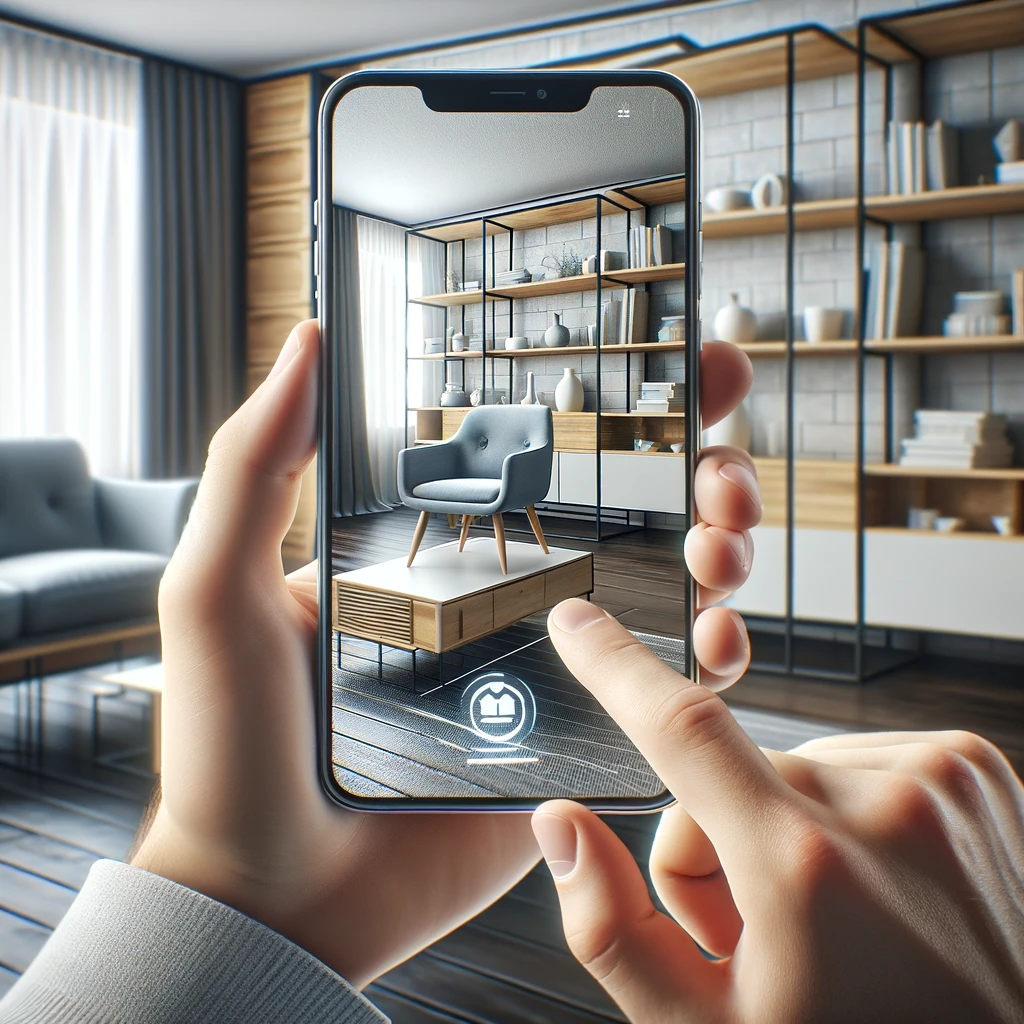 image | Digilite | Web Design Company in Glendale CA Person using a smartphone AR app to visualize a virtual chair in a living room.