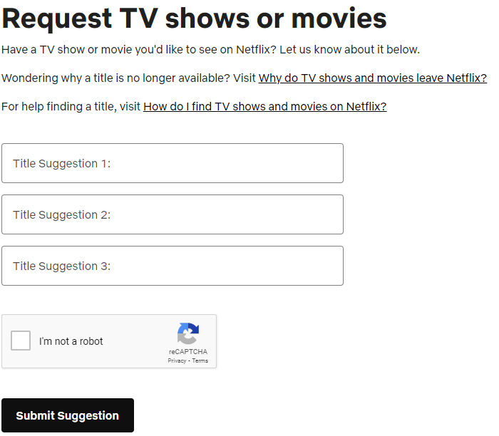 image | Digilite | Web Design Company in Glendale CA Screenshot of a Netflix web form titled "Request TV shows or movies" with input fields for users to submit title suggestions.