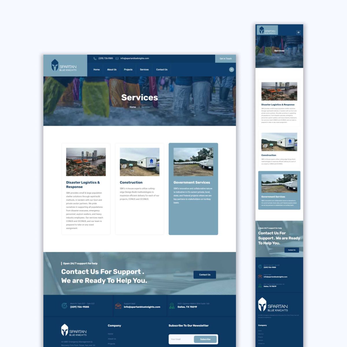 A web page design for Spartan Blue Knights showcasing their services, including disaster logistics, construction, and government services.