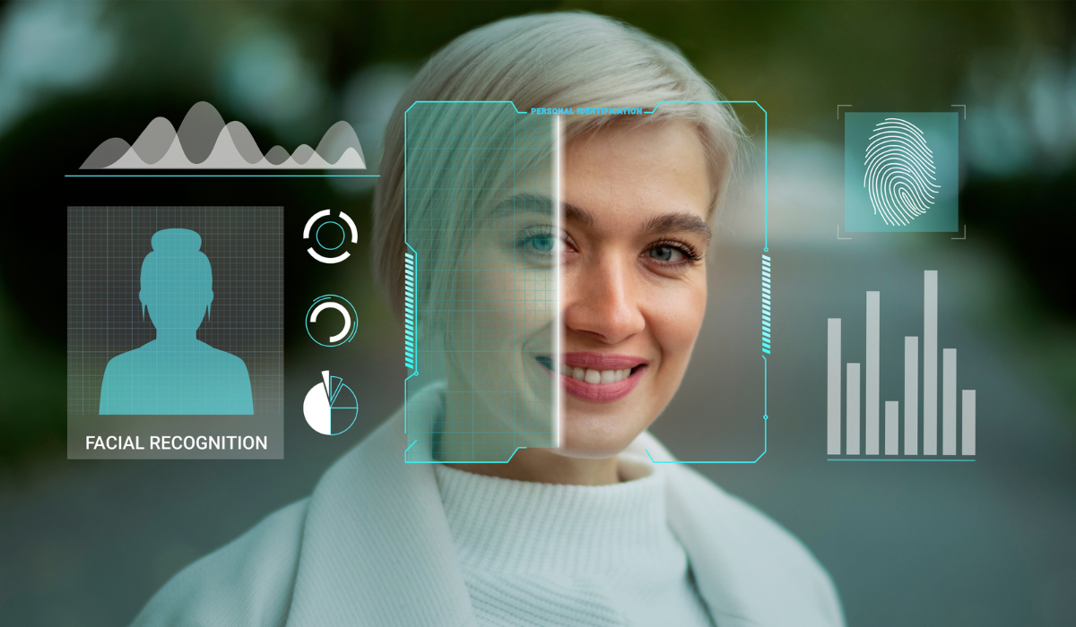 image | Digilite | Web Design Company in Glendale CA Digital facial recognition software scanning a woman's face with biometric data overlays.