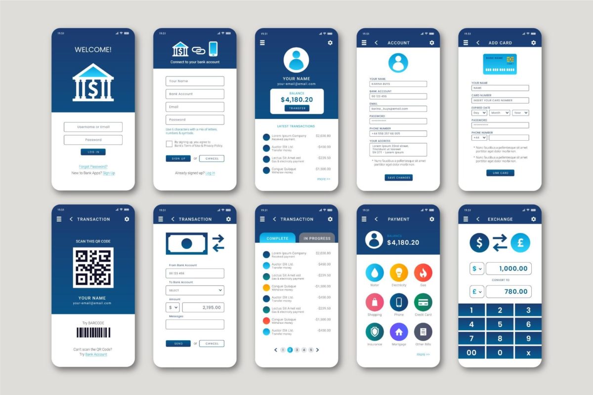 image | Digilite | Web Design Company in Glendale CA Multiple mobile screens showing a bank app: login, signup, account overview, and card-adding forms in blue and white UI.