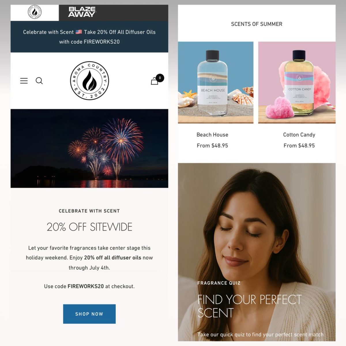 Aroma Country promotional banner showcasing a 20% off sitewide sale on diffuser oils with code