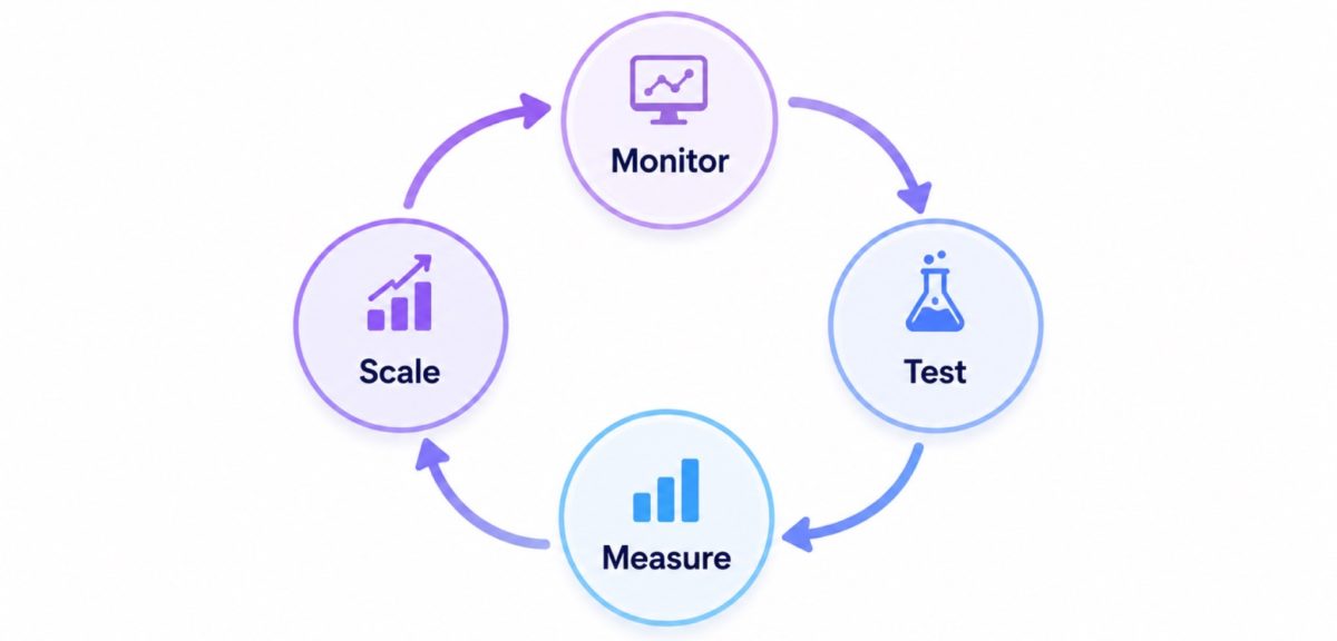 image | Digilite | Web Design Company in Glendale CA A circular workflow diagram showing four continuous steps: Monitor, Test, Measure, and Scale.