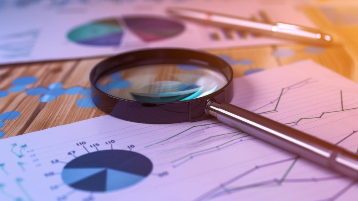 image | Digilite | Web Design Company in Glendale CA Magnifying glass over financial charts and graphs on a desk, suggesting analysis of data.