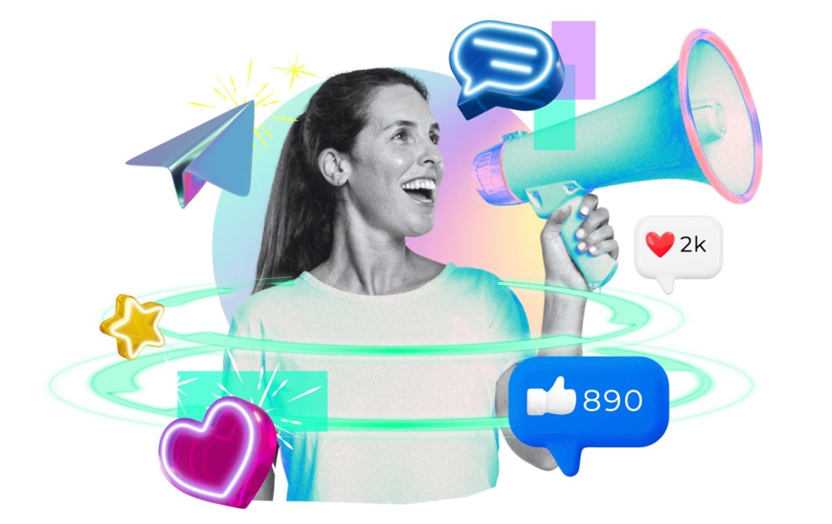 image | Digilite | Web Design Company in Glendale CA A woman holding a loudspeaker surrounded by floating digital marketing and social media icons for likes, messages, stars, and locations.