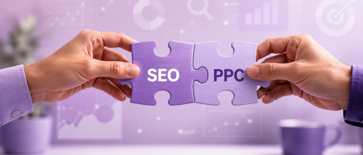 image | Digilite | Web Design Company in Glendale CA Two hands join puzzle pieces labeled SEO and PPC, symbolizing integrated search marketing.