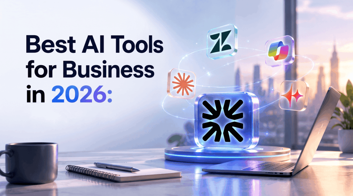 OiXxlQBA | Digilite | Web Design Company in Glendale CA Image for "Best AI Tools for Business in 2026" with 3D AI platform logos floating above an office desk setup.