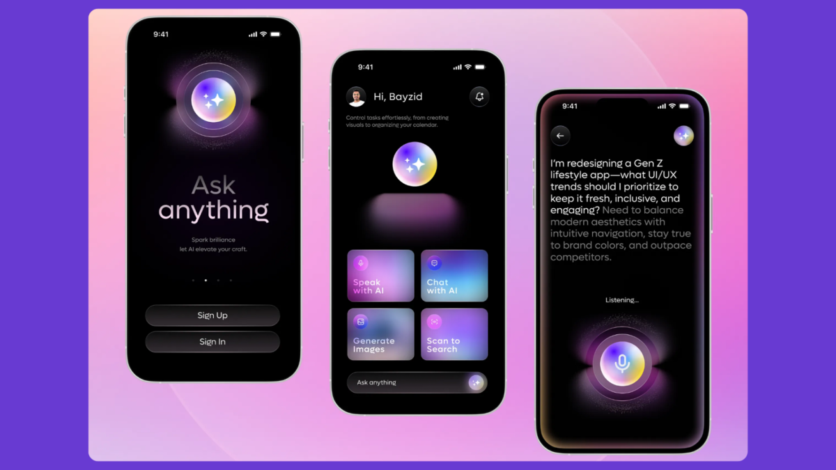 image | Digilite | Web Design Company in Glendale CA Three iPhone screens showcasing an AI assistant app with a glowing logo, dark UI, and prompts like Speak with AI and Chat with AI against a purple–pink gradient background.