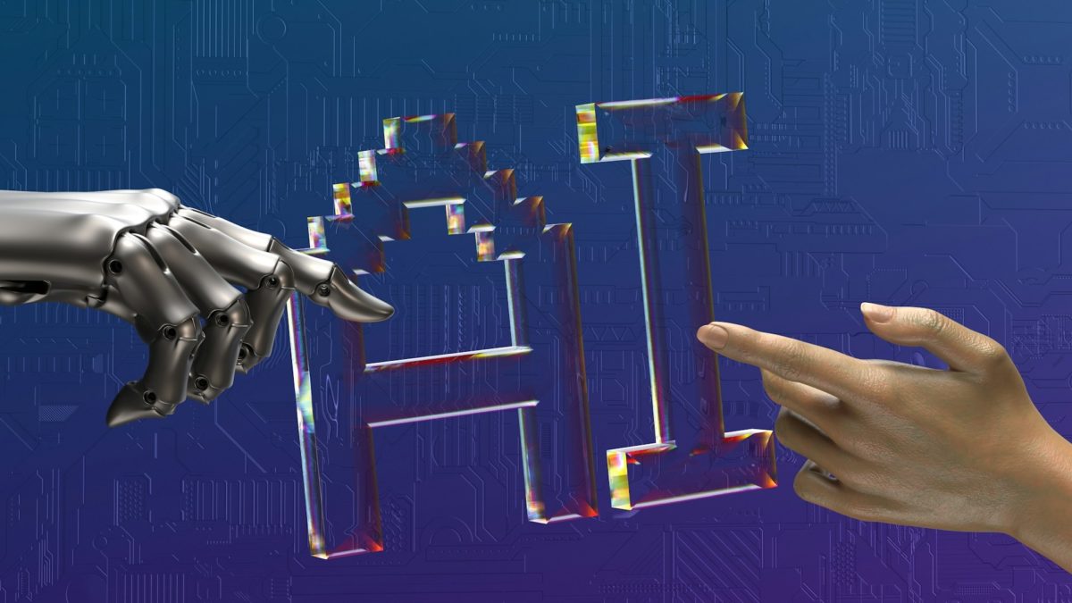 image | Digilite | Web Design Company in Glendale CA Robotic hand reaches toward a glowing, rainbow-edged 3D frame as a human finger points at it against a blue circuit-board background.