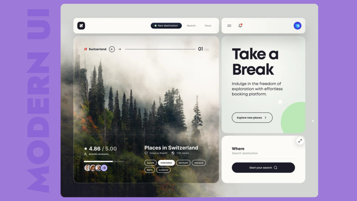 image | Digilite | Web Design Company in Glendale CA UI design mockup showing a travel app interface with a forested mountain hero image and a right panel reading'Take a Break' to encourage exploration.
