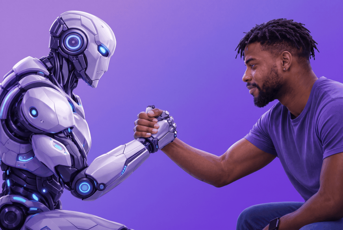 zbbHtBmw | Digilite | Web Design Company in Glendale CA A visual example of the 2026 web design trend: Human-AI collaboration, showing a respectful handshake between a human and a futuristic robot.